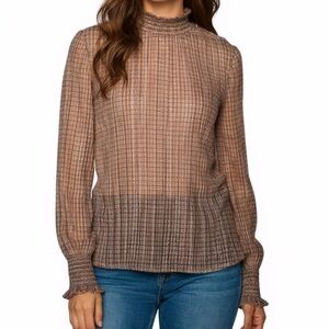 NWT ADRIANNA PAPELL Long Sleeve Plaid Shimmer Cami Lined Sheer Blouse Size Small